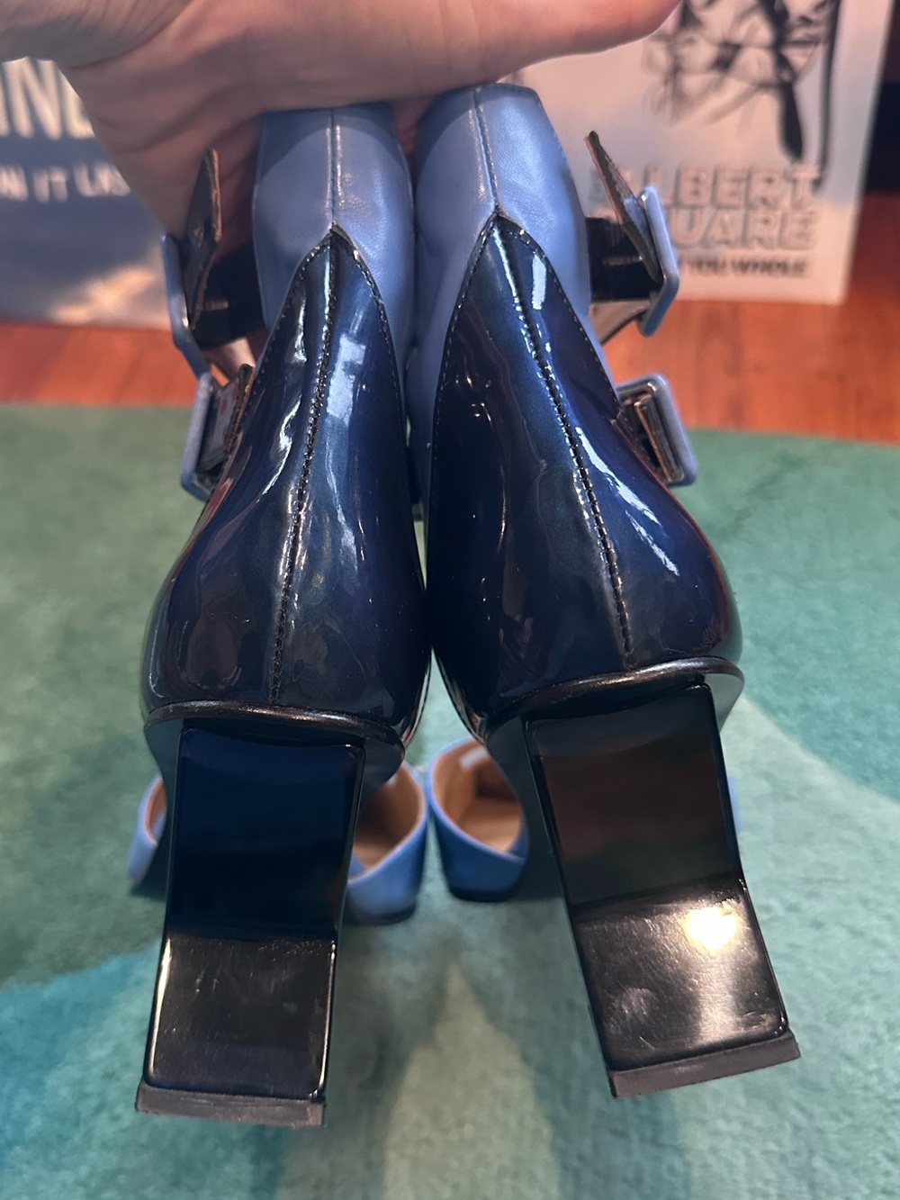Fluevog LIKE NEW Modern Living Slant blue/patent 2-strap buckle heel-9.5 (fit 9) - Picture 6 of 15